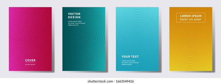 Dynamic covers linear design. Geometric lines patterns with edges, angles. Linear backgrounds for catalogues, business magazine. Line stripes graphics, title elements. Cover page layouts set.