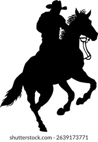 Dynamic cowboy silhouette riding a bucking horse, holding a lasso. Ideal for Western themes and rodeo designs
