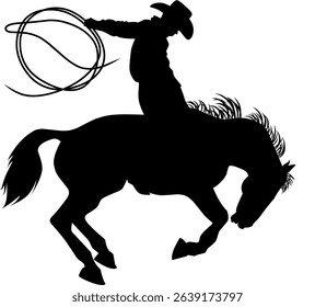 Dynamic cowboy silhouette riding a bucking horse, holding a lasso. Ideal for Western themes and rodeo designs