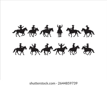 Dynamic cowboy silhouettes on horseback showcase the spirit of the Wild West. 