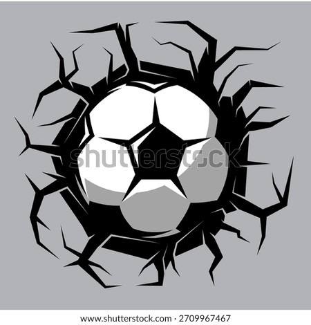 Dynamic cracked wall effect with soccer ball breaking through shattered surface in bold black and white sports illustration design.
