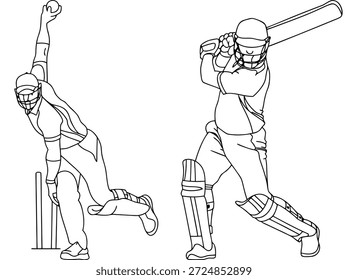 Ilustración de acción dinámica de cricket: Bowler y bateador en juego de partido intenso