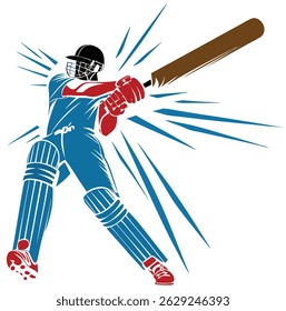 A dynamic cricket batsman illustration in blue and red shows a powerful bat swing with motion lines. Professional player in helmet, pads, and gloves demonstrating perfect batting stance and energy.