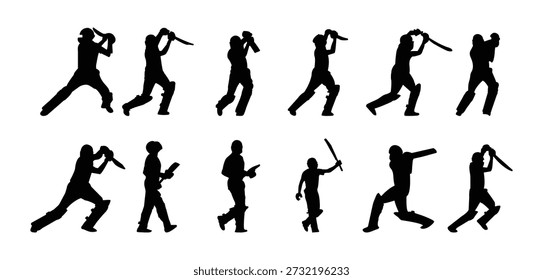 Dynamic Cricket Batsman Silhouettes in Various Poses
