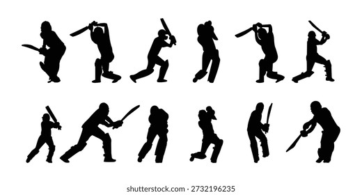 Dynamic Cricket Batsman Silhouettes in Various Poses