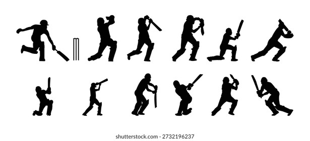 Dynamic Cricket Batsman Silhouettes in Various Poses