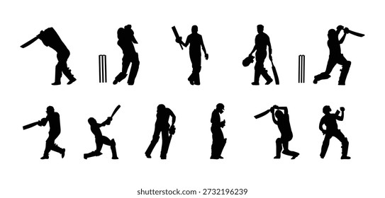 Siluetas dinámicas del ariete del cricket en diversas posturas