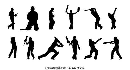 Siluetas dinámicas del ariete del cricket en diversas posturas
