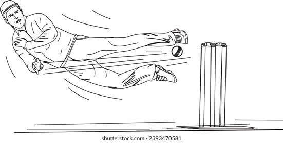 Dynamic Cricket Fielder: Cartoon Sketch Illustration in Action, Cricketer in Action: Cartoon Sketch of a Fielder in Full Swing, Game-Changer Moment: Cricket Fielder in Dynamic Cartoon Image