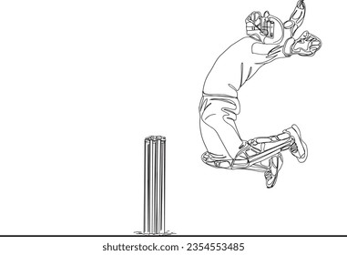 Dynamic Cricket Moments, hand drawn one line sketch drawing vector clip art of After taking the catch of the wicketkeeper-batsman during the cricket match, stump out in cricket