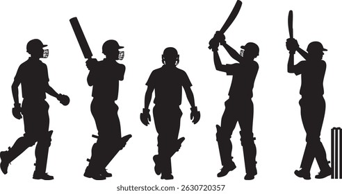 Siluetas dinámicas del jugador de cricket: bateo, mantenimiento de palos y acción de campo