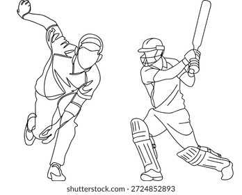 Escena dinámica de cricket: Bowler y bateador en acción - ilustración de arte de línea