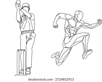 Cena de Críquete Dinâmico: Ilustração de Line Art de um Bowler e Jogador de Corrida para Gráficos de Torneio