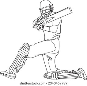 Dynamic Cricket Sport: One Line Drawing of Batsman in Action, Graceful Cricket Stroke: Continuous Line Art of Batsman Playing Sweep Shot, Batsman Plying Sweep Shot 