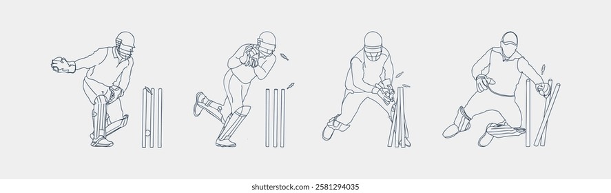 Dynamic Cricket Sport, One Line Drawing of Cricketer in Action. Wicket keeper vector line drawing illustration. hand drawn continuous one line cartoon doodle sketch drawing clip art of cricketer.