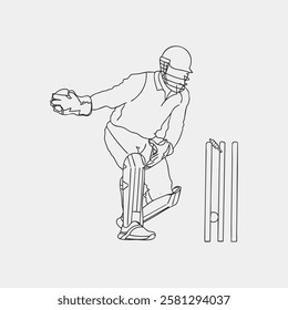 Dynamic Cricket Sport, One Line Drawing of Cricketer in Action. Wicket keeper vector line drawing illustration. hand drawn continuous one line cartoon doodle sketch drawing clip art of cricketer.