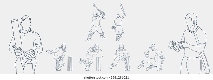 Dynamic Cricket Sport, One Line Drawing of Cricketer in Action. Wicket keeper batsman line drawing illustration. hand drawn continuous one line cartoon doodle sketch drawing clip art of cricketer.