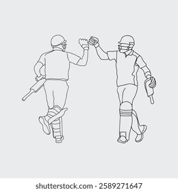 Dynamic Cricket Sport, One Line Drawing of Cricketer in Action. Two batsman line drawing illustration. hand drawn continuous one line cartoon doodle sketch drawing clip art of cricketer. 