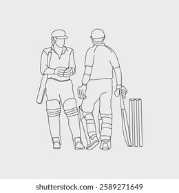 Dynamic Cricket Sport, One Line Drawing of Cricketer in Action. Two batsman line drawing illustration. hand drawn continuous one line cartoon doodle sketch drawing clip art of cricketer. 