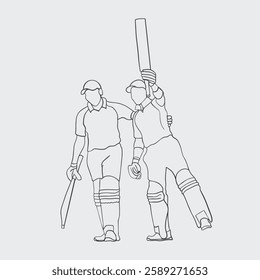 Dynamic Cricket Sport, One Line Drawing of Cricketer in Action. Two batsman line drawing illustration. hand drawn continuous one line cartoon doodle sketch drawing clip art of cricketer. 