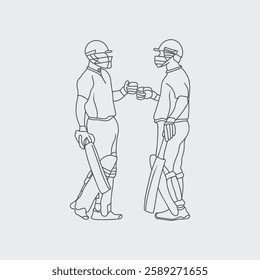 Dynamic Cricket Sport, One Line Drawing of Cricketer in Action. Two batsman line drawing illustration. hand drawn continuous one line cartoon doodle sketch drawing clip art of cricketer. 