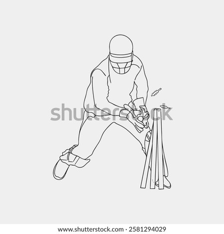 Dynamic Cricket Sport, One Line Drawing of Cricketer in Action. Wicket keeper vector line drawing illustration. hand drawn continuous one line cartoon doodle sketch drawing clip art of cricketer.