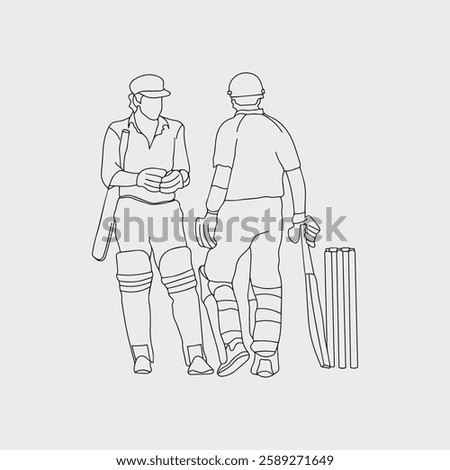 Dynamic Cricket Sport, One Line Drawing of Cricketer in Action. Two batsman line drawing illustration. hand drawn continuous one line cartoon doodle sketch drawing clip art of cricketer. 