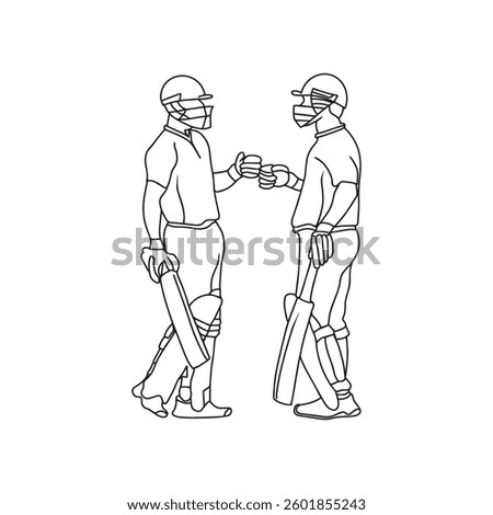 Dynamic Cricket Sport, One Line Drawing of Cricketer in Action. Two batsman line drawing illustration. hand drawn continuous one line cartoon doodle sketch drawing clip art of cricketer. Partnership