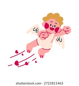 Dynamisches Cupid-Fliegen mit Herzpfaden, das die Verbreitung der Liebe symbolisiert. Ideal für Valentinstag-Kampagnen, romantische Bilder und verspielte Designs.