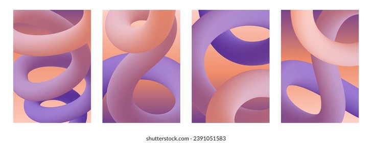 Dynamic curved lines. Set of abstract backgrounds with soft color gradient 3d curved line shapes for creative graphic design. Vector illustration.