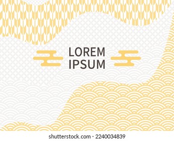 Dynamic curved yellow Japanese pattern with golden color. Abstract background. Blue ocean waves and arrow pattern, etc.