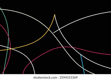 Dynamic, curving lines in bold colors over a black background, representing movement and modernism. Suitable for Tech Ads, Backgrounds, and Business Graphics.