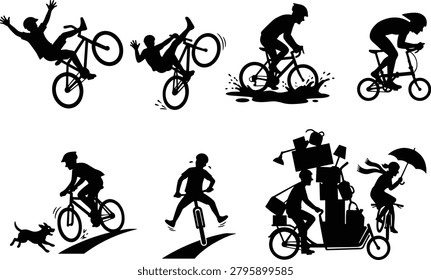 Dynamic cycling silhouette collection featuring bicycle riders performing tricks, commuting, racing, carrying cargo, and riding in various conditions. Ideal for sports branding, transportation graphics, cycling events, fitness projects, apparel designs, and commercial vector applications.Dynamic cycling silhouette collection featuring bicycle riders performing tricks, commuting, racing, carrying cargo, and riding in various conditions. Ideal for sports branding, transportation graphics, cycling events, fitness projects, apparel designs, and commercial vector applications.
