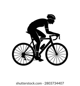 Dynamic cyclist profile in black and white capturing athletic movement and pursuit. Ideal for sports marketing health campaigns.