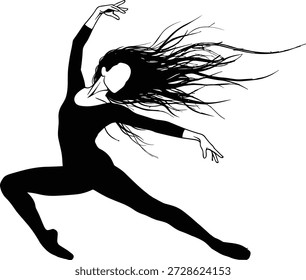 Dynamic dancer silhouette in motion, expressive pose, flowing hair, energetic movement, elegant figure for performance, art, fitness, dance, and creative design