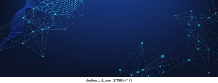 Fundo azul escuro dinâmico com uma intrincada rede digital de pontos e linhas interconectados brilhantes. Representa fluxo de dados, conectividade global e tecnologia avançada para negócios, ciência e...