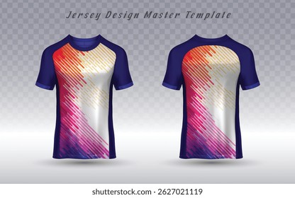 Dynamic dark blue jersey template with high-energy diagonal lines in red, orange, and white, creating a bold speed effect over a gradient purple-to-blue backdrop. Perfect for racing teams, esports