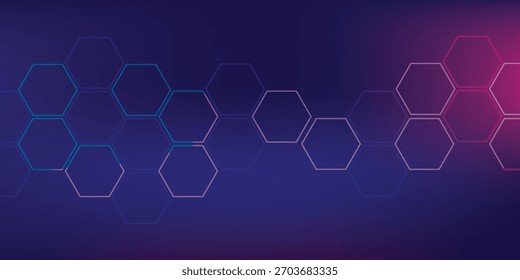 Fondo degradado de azul oscuro a púrpura dinámico con Formas hexagonales dispersas, brillantes y delgadas que crean un patrón abstracto y futurista.