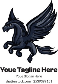 Dynamic Dark Pegasus Logo with Strong Wings and Intense Expression for Mythical Branding