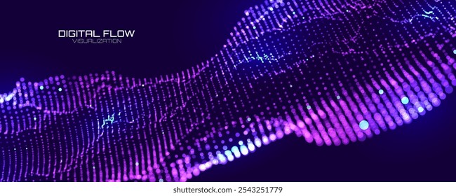 Fluxo de dados dinâmico. Fluxo interativo de partículas. Visualização avançada de IA. Comunicação de dados de alta tecnologia. Antecedentes científicos ou tecnológicos. Ilustração vetorial.