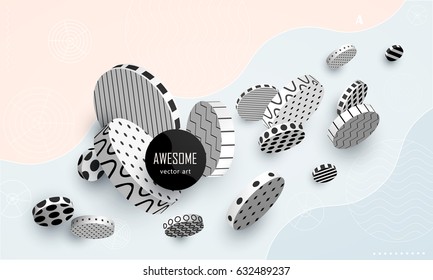 Dynamic decorative 3D circles with ornament. Black and white geometric volumetric shapes fly on a colored pastel background. Abstract poster in cold fresh tones. Concept style. Vector illustration