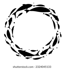 Dynamic decorative school of fish. Fish wreath. Black silhouettes of fish swimming in a circle. Banner with fish. Vector illustration.