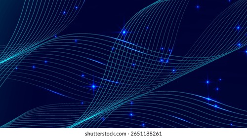 A dynamic deep blue background showcases graceful, flowing cyan lines, creating a sense of movement and energy punctuated by sparkling light accents, giving an abstract visual appeal