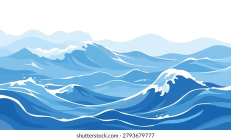 Dynamic deep blue ocean waves with white sea foam splash background vector illustration