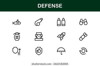 Dynamic Defense Line Icon Pack: ícones vetoriais modernos para temas militares e de segurança