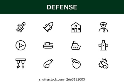 Dynamic Defense Line Icon Pack: ícones vetoriais modernos para temas militares e de segurança