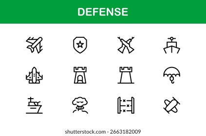 Dynamic Defense Line Icon Pack: ícones vetoriais modernos para temas militares e de segurança