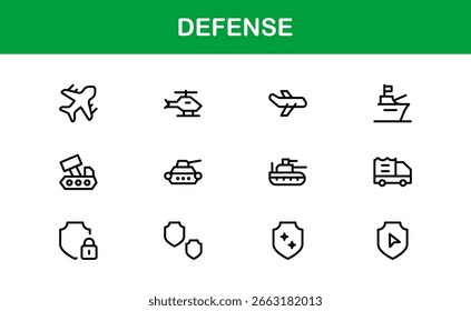 Dynamic Defense Line Icon Pack: ícones vetoriais modernos para temas militares e de segurança