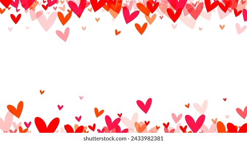 Dynamic and dense collection of hearts in various shades of red and pink, creating a rich border along the edges of a white background. Vector illustration