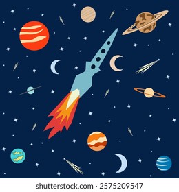 A dynamic depiction of a rocket exploring the universe, surrounded by planets, moons, and a starry sky. Shooting stars and vivid colors make this a captivating vision of space exploration.